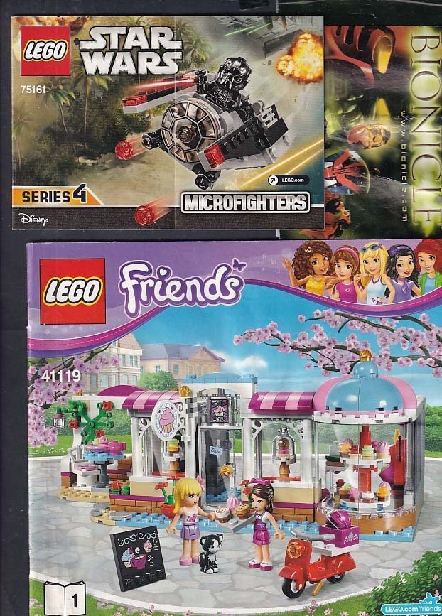 7 st instruktionshäfte: Lego City/2, Friends/1, Star Wars/1, Bionicle/2, Kre-o/1