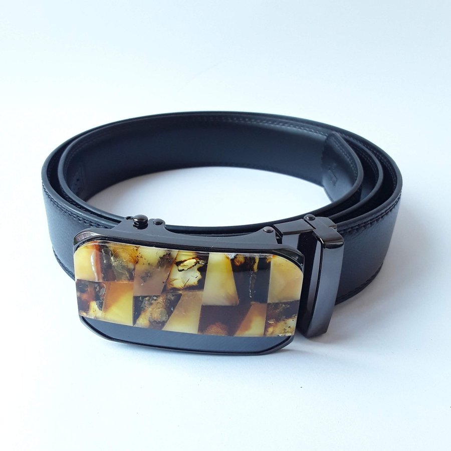 Black natural leather belt with decorative Baltic amber gemstone mosaic buckle