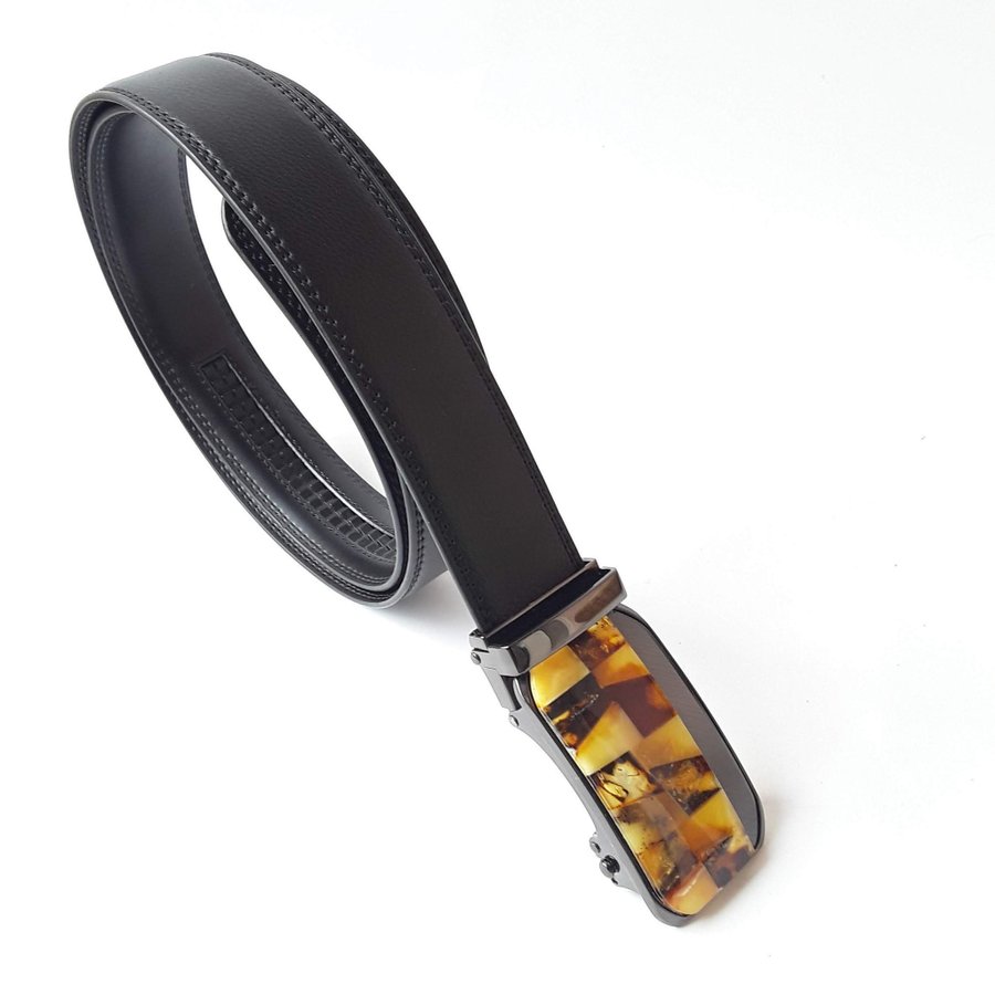 Black natural leather belt with decorative Baltic amber gemstone mosaic buckle