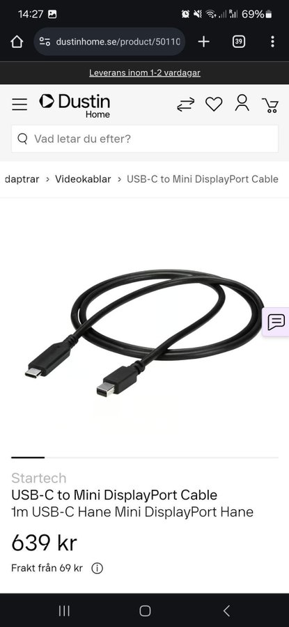 USB-C to Mini DisplayPort Cable 1m USB-C Hane Mini DisplayPort Hane