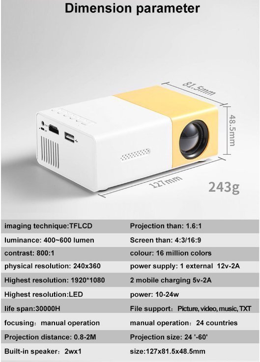 Ny bärbar HD 1080P mini 3D-projektor Svart och vit färg