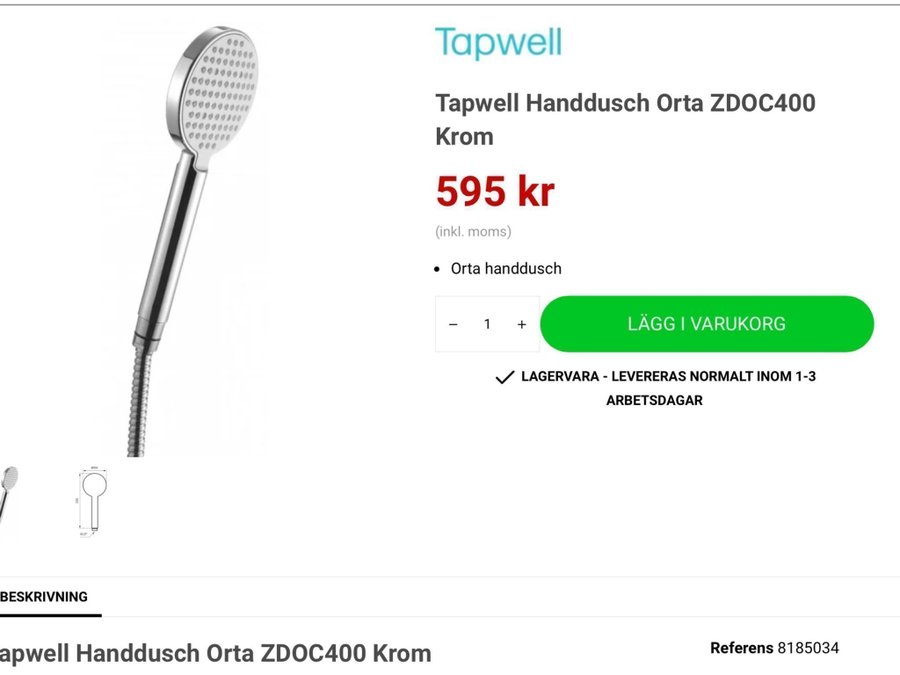 Tapwell Handdusch Orta ZDOC 400 Krom NY Oanvänd