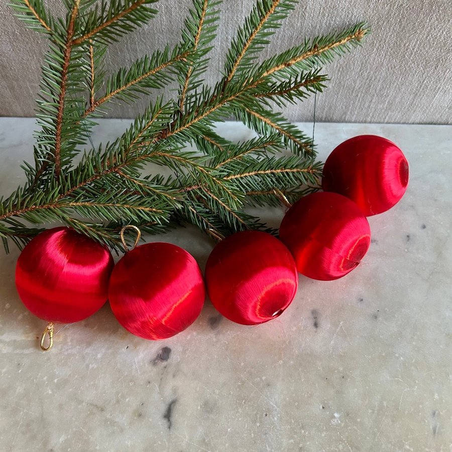 5st Julgranskulor Siden Röda Sidentråd 6cm Jul Advent Retro Vintage