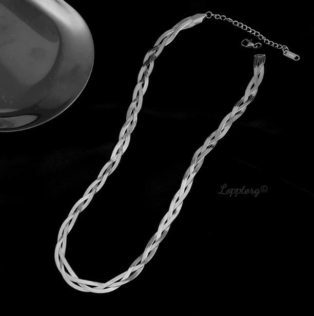 Flättat platt halsband ormlänk snake silverpläterad collier chocker stämp ssteel