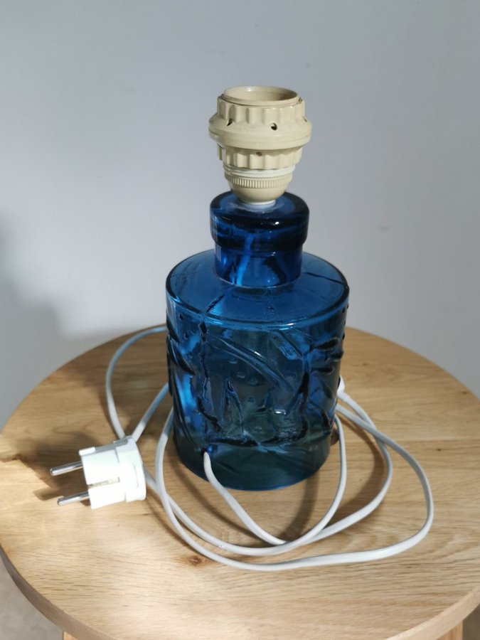 Retro Bordslampa - Blått glas - Fiskar i relief - Se Bilder!