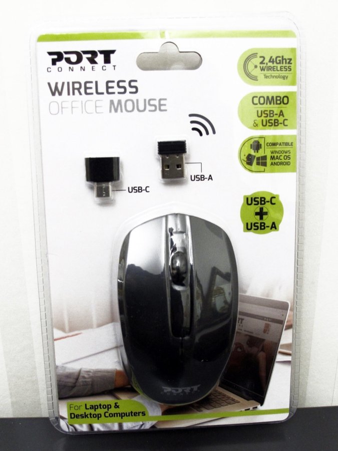 Wireless Office Mouse PORT CONNECT 2.4GHz USB A USB C (trådlös mus) Ny!