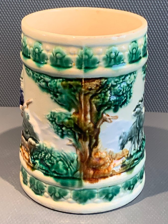 Rörstrand Majolica 1800-tal, ölstop med relief jaktmotiv