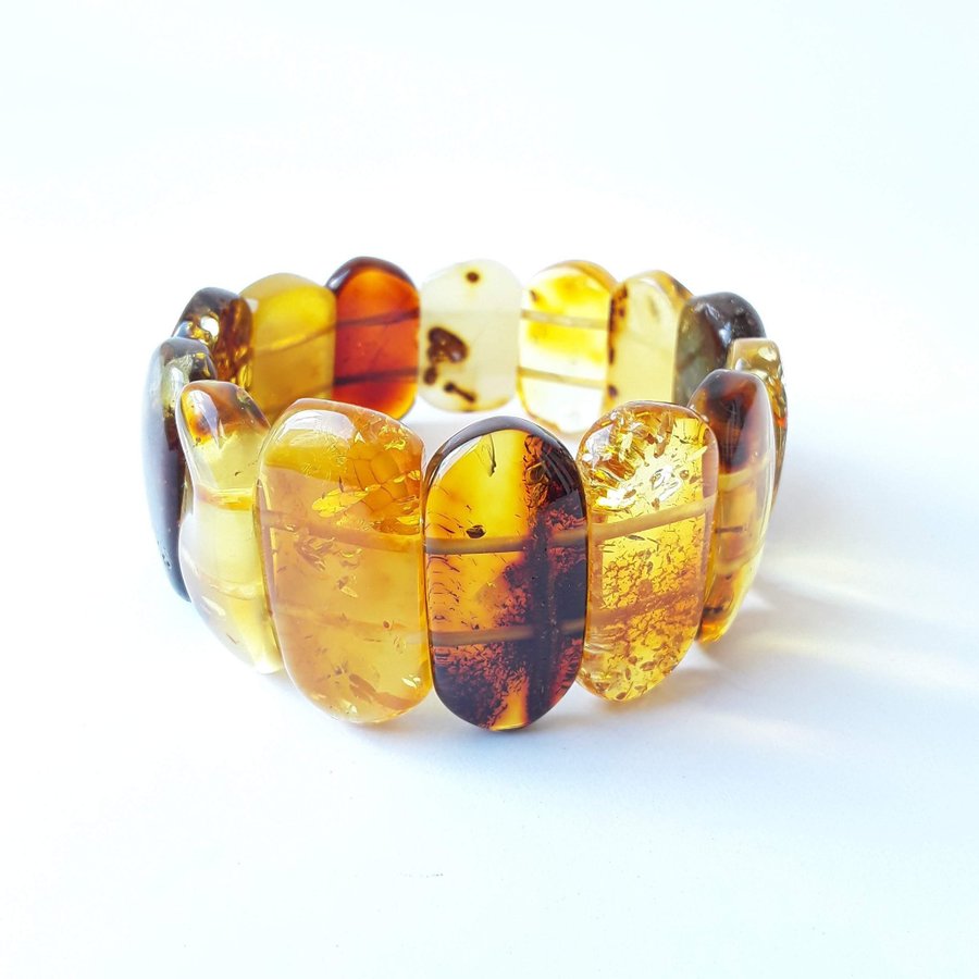 Baltic amber gem bracelet Multicolor stretchy wide amber bracelet women jewelry