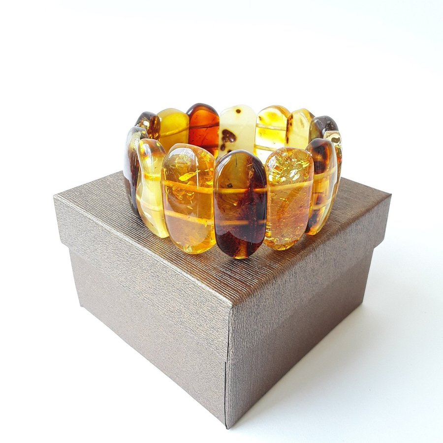 Baltic amber gem bracelet Multicolor stretchy wide amber bracelet women jewelry