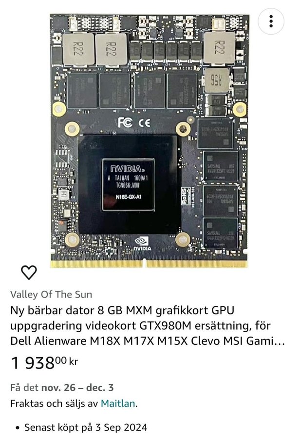 Nvidia GTX980M 8GB MXM Grafikkort