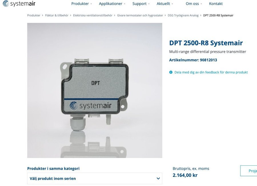 DPT 2500-R8 Systemair Differential pressure transmitter NY i kartong