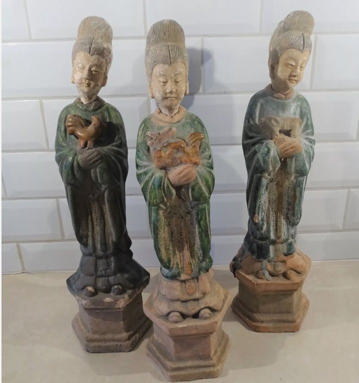 Three Authentic China Ming Dynasty Terracotta Tomb female servants ca. 41 cm