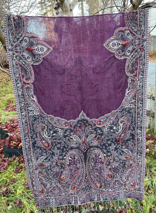 Ny Handbroderad Sjal Halsduk av 100% Kokt Ull från Nepal, ca 200 x 75 cm No.16