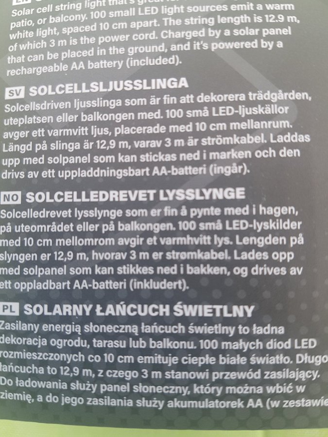 NYHET ! SOLCELLSLJUSSLINGA - 100 SMÅ LEDLJUSKÄLLOR, 12,9 METER - NYHET !