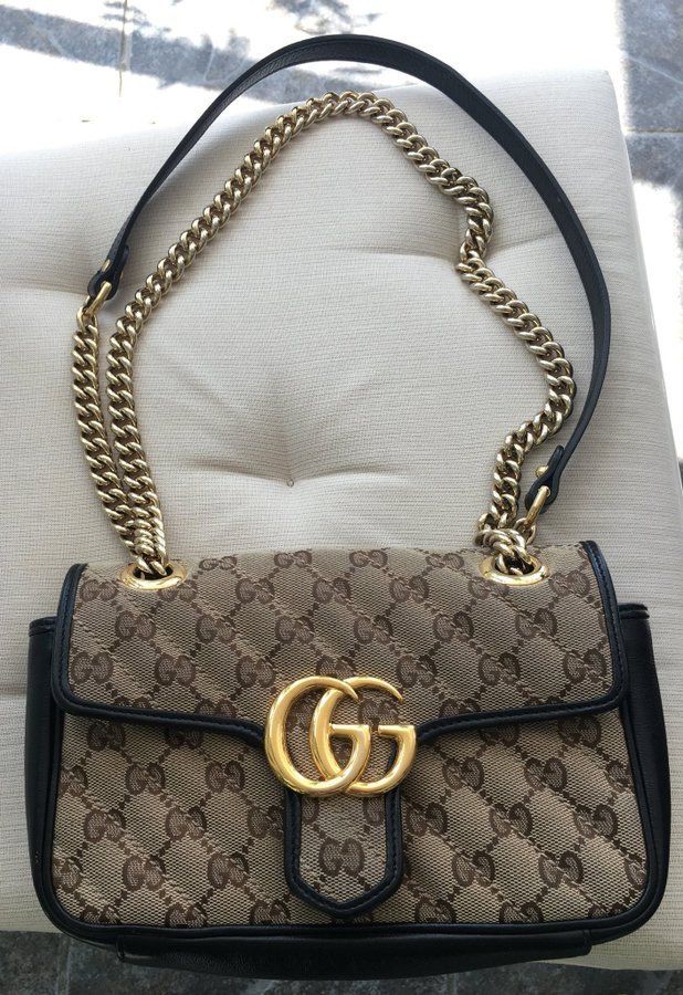 Gucci Väska Marmont Beige Ebony Original GG Canvas Med alla Tillbehör och Kvitto