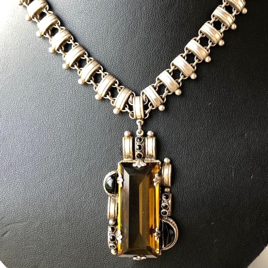 Äldre 830 silver rökkvarts svart sten art deco 30-tal collier / halsband