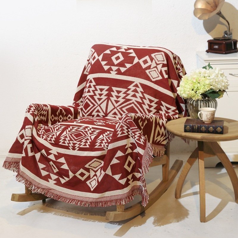 Christmas red white geometric sofa blanket tassel tapestry carpet,130*160cm