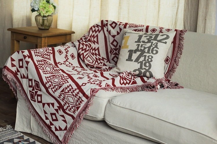 Christmas red white geometric sofa blanket tassel tapestry carpet,130*160cm