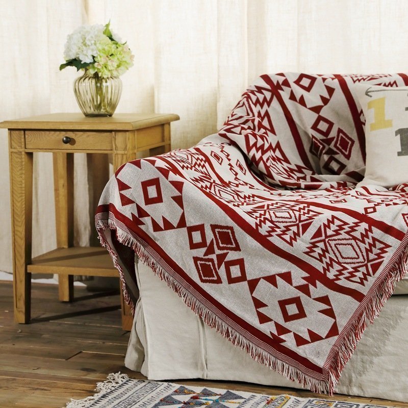 Christmas red white geometric sofa blanket tassel tapestry carpet,130*160cm