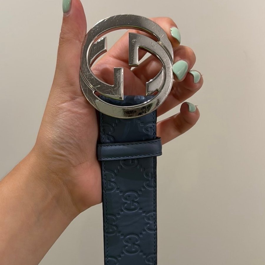 GUCCI SIGNATURE LEATHER BELT (BLUE/SILVER)