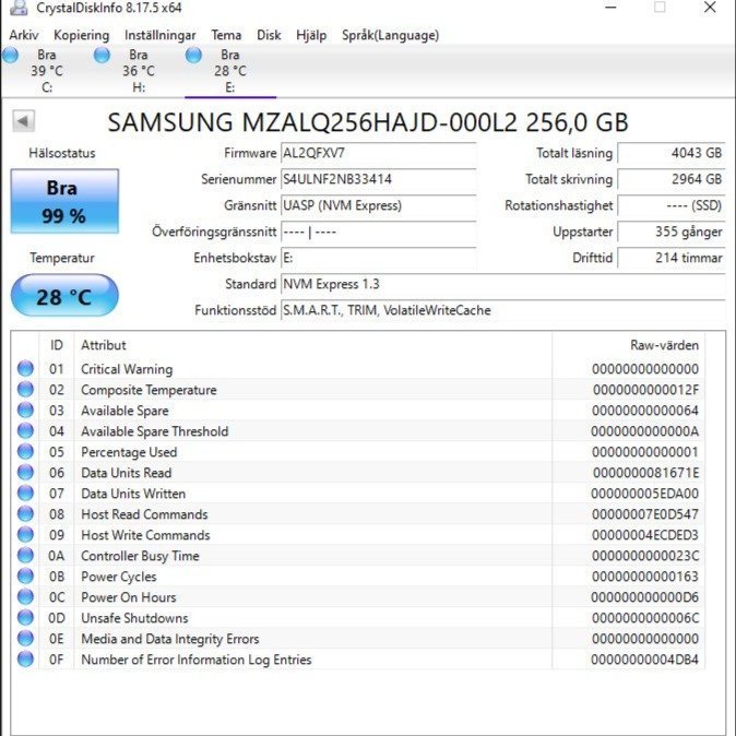 SSD Samsung modell : m2  NVMe  256GB formfaktor 2240