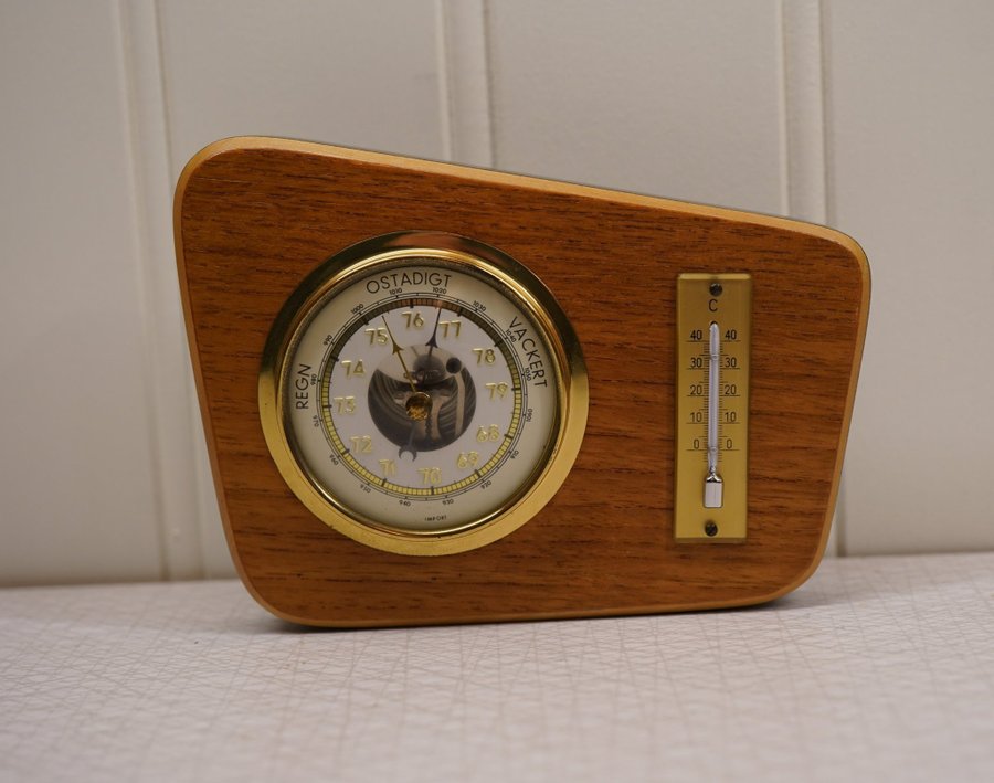 Väder Barometer och Termometer teak, mässing och glas -50talet