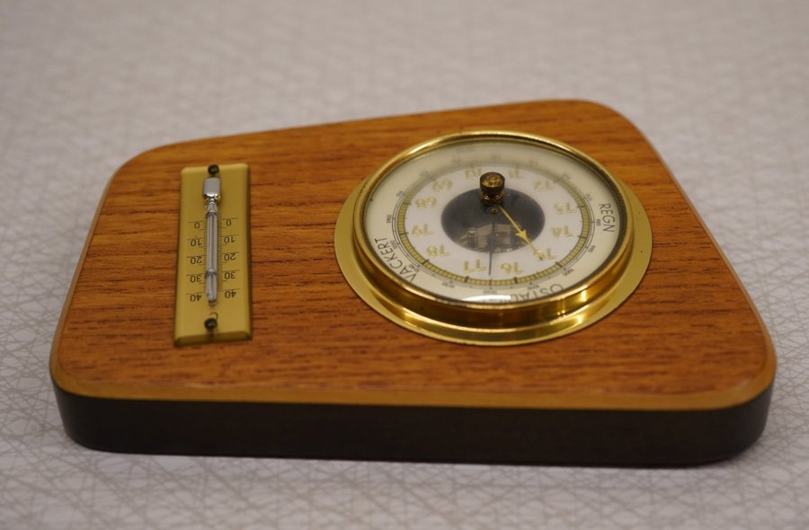 Väder Barometer och Termometer teak, mässing och glas -50talet