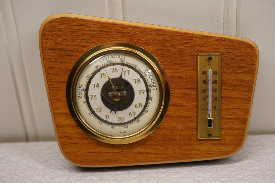 Väder Barometer och Termometer teak, mässing och glas -50talet