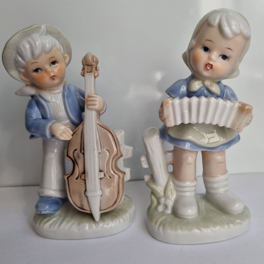 Royal 2 figuriner barn instrument basfiol + dragspel porslin vintage figurer