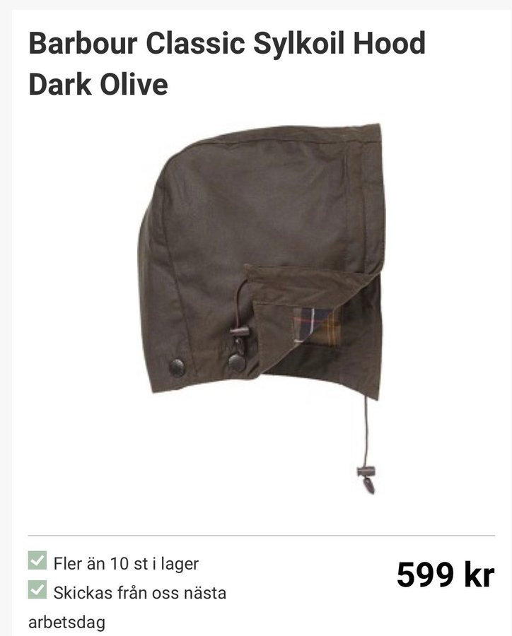 Barbour olivgrön huva helt ny oanvänd