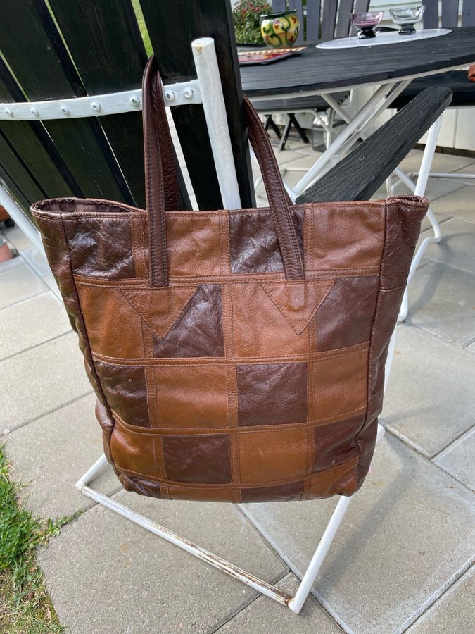 Skinnväska Läderväska Skinnkasse Tote Bag Brun Väska 100% LÄDER SKINN Vintage