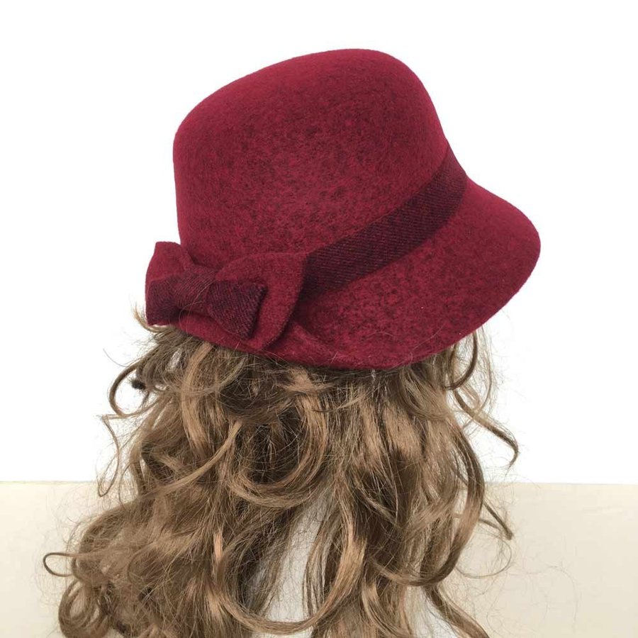 Women Wool Blend Bucket Hat With Bow, Cloche Hat, Burgundy Winter Cap