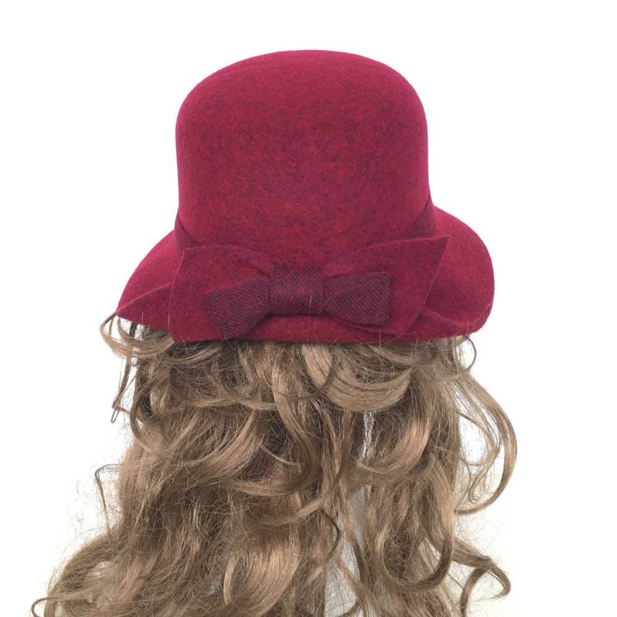 Women Wool Blend Bucket Hat With Bow, Cloche Hat, Burgundy Winter Cap