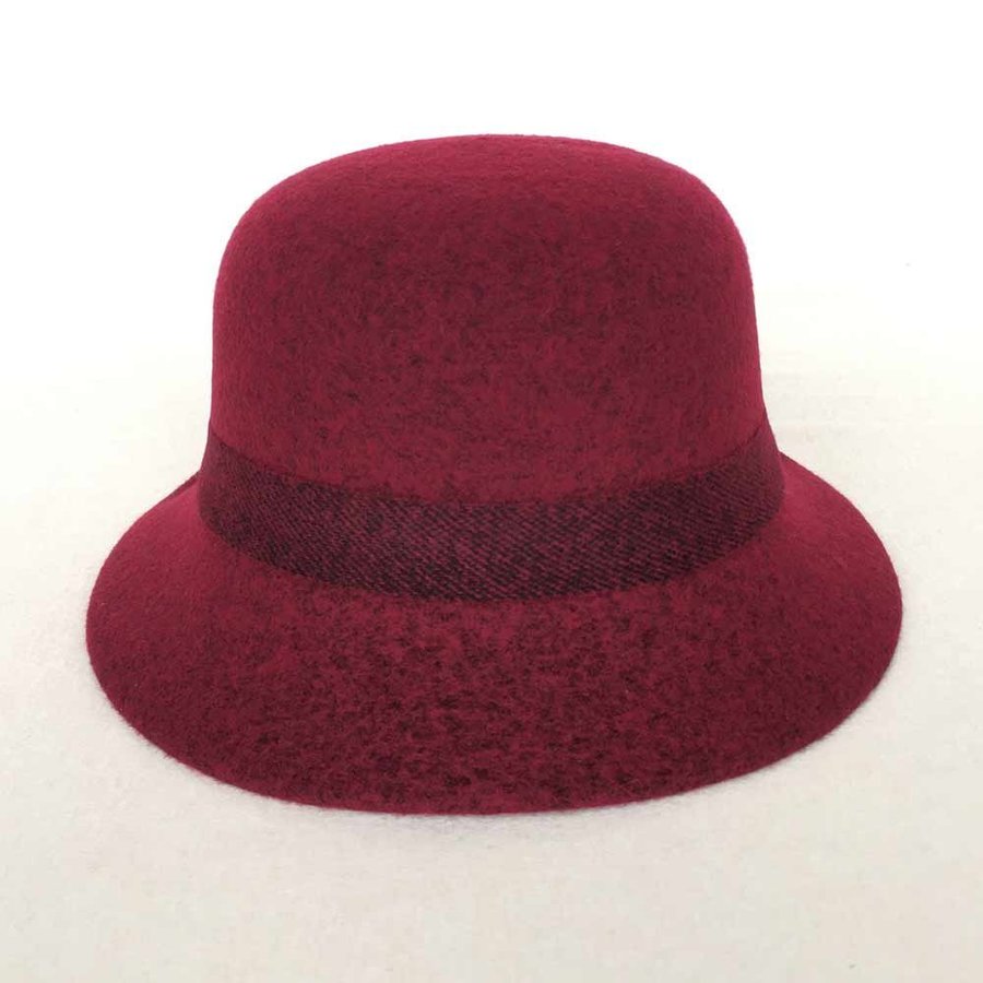 Women Wool Blend Bucket Hat With Bow, Cloche Hat, Burgundy Winter Cap