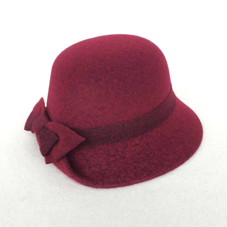 Women Wool Blend Bucket Hat With Bow, Cloche Hat, Burgundy Winter Cap