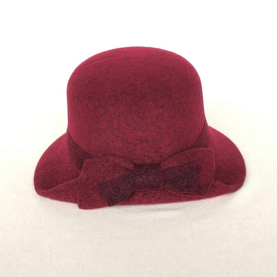 Women Wool Blend Bucket Hat With Bow, Cloche Hat, Burgundy Winter Cap