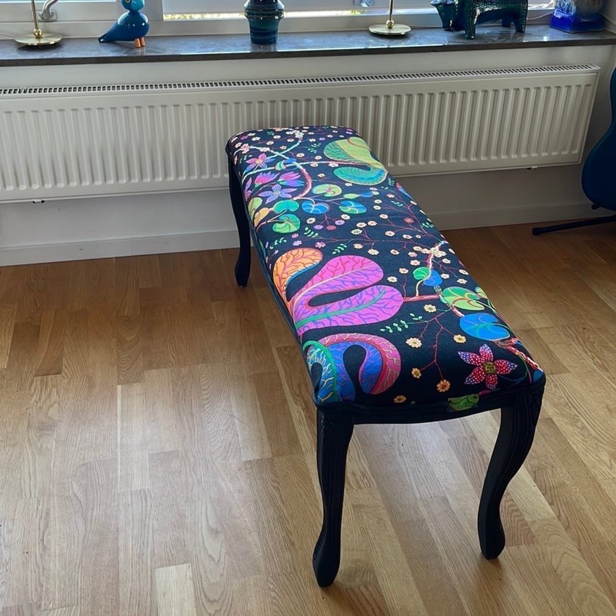 Vintage Långt Trä Pall Sittbänk Textil Josef Frank Svart Teheran