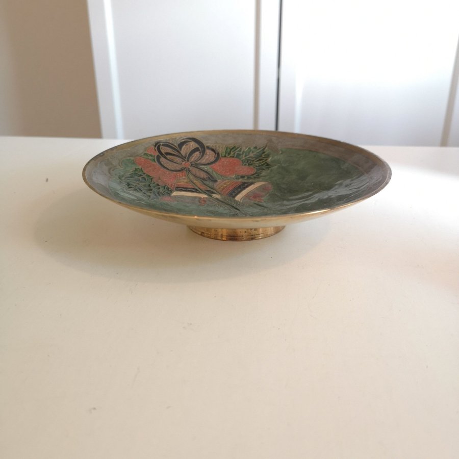 Vintage, mässingsfat, cloisonne, julmotiv, 18,5cm.