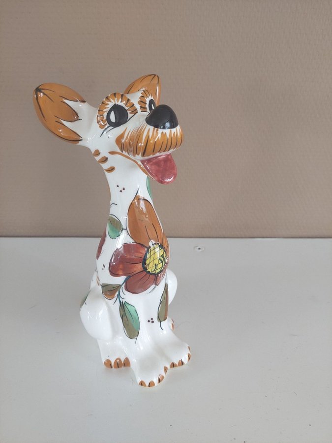 Äldre porslins figurin blommig hund Celflor Spain retro