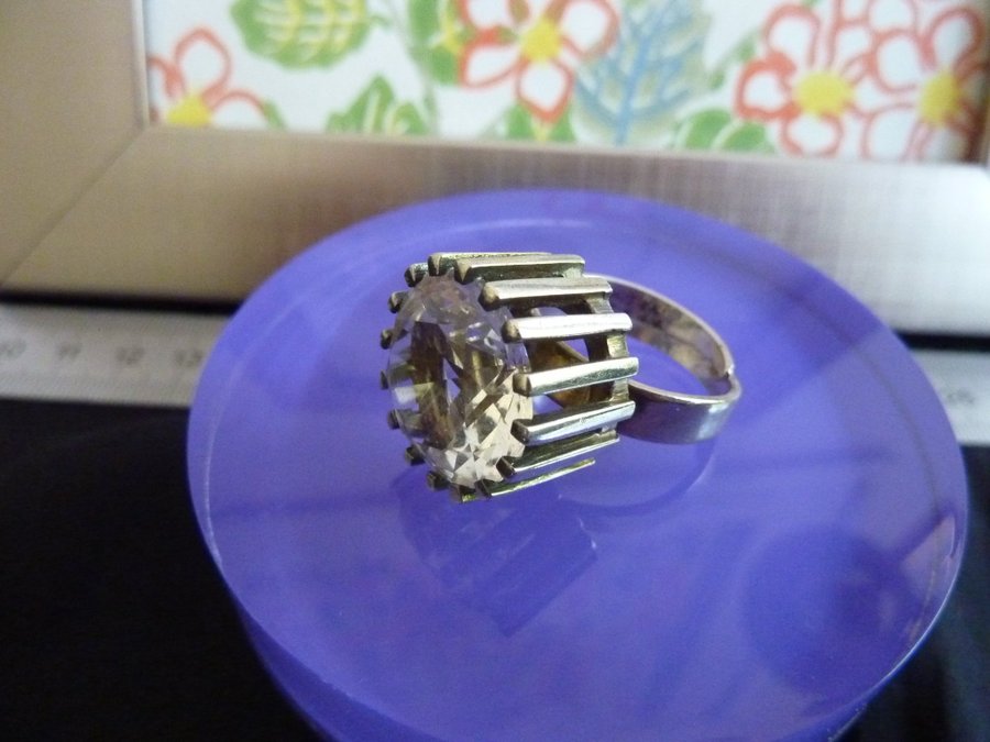 Äkta vintage fin silver ring m stor sten bergkristall st 17 design stämp BeH Y9