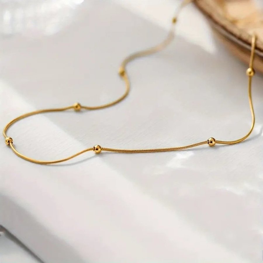 Minimalistisk 18K Guld Halsband Ormlänk med Guldpärlor | 18K Guldpläterad