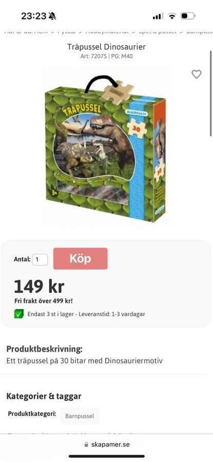 Träpussel Dinosaurie / kärnan / 3+