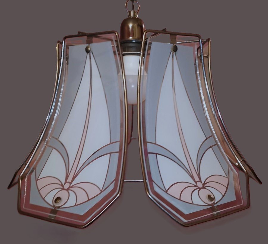 Art deco taklampa målad glas metal stomme