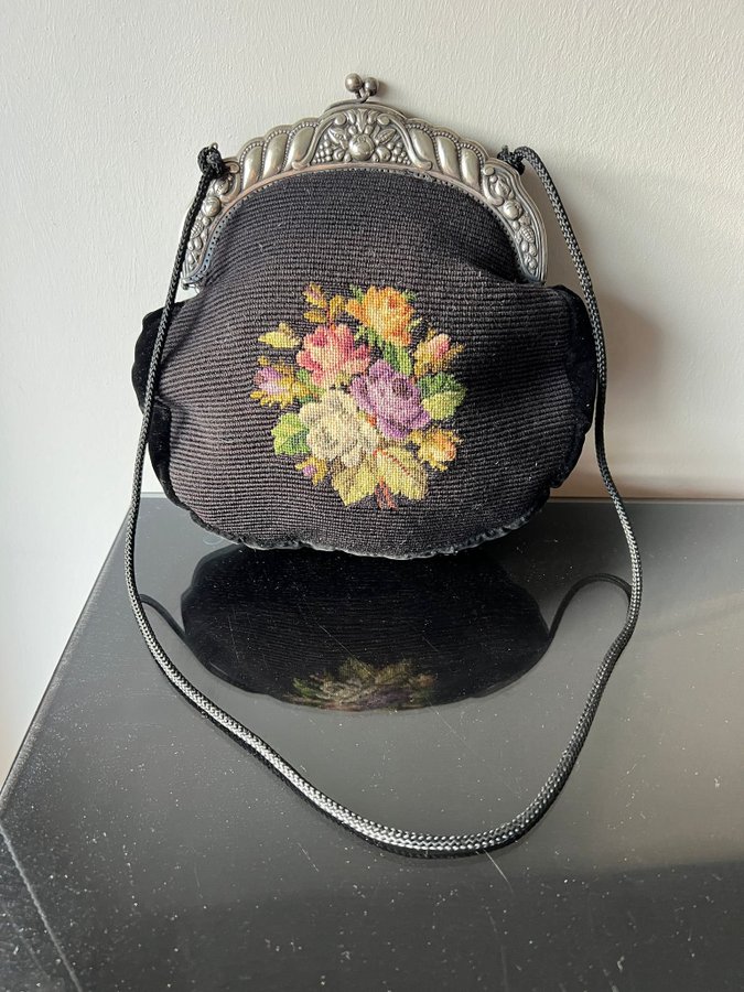 antik vintage retro väska bag broderi gobeläng tapestry tote bag aftonväska