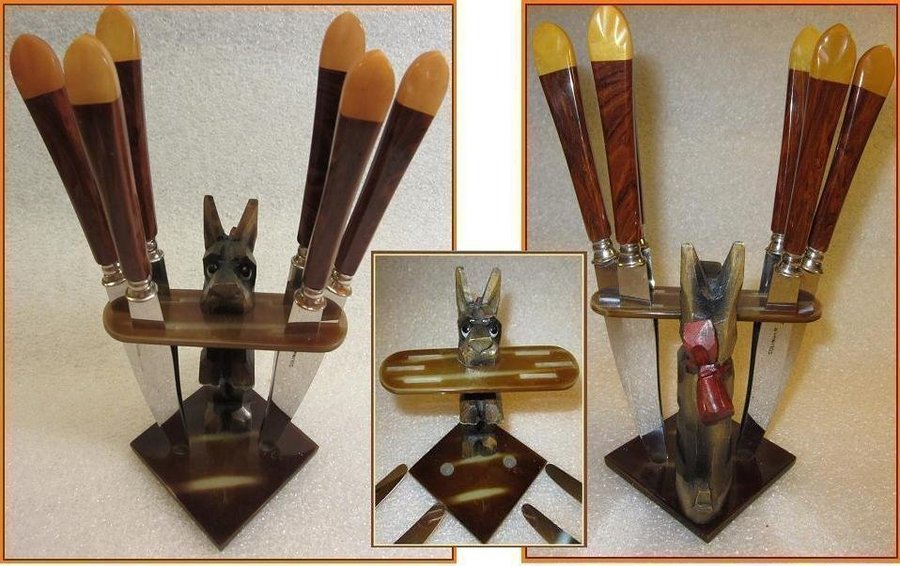 Art Deco German/SOLINGEN/ Bakelite 6pcsFruit Knife Set Dog Flatware Very Rare!