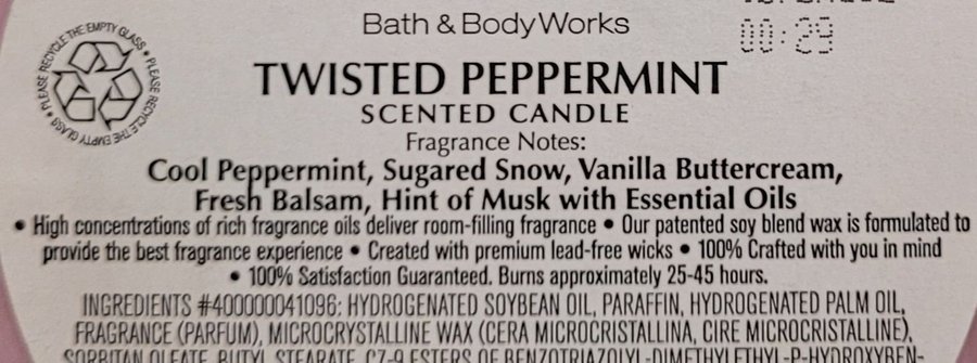 TWISTED PEPPERMINT Bath  Body Works 3-wick candle doftljus USA sugared snow