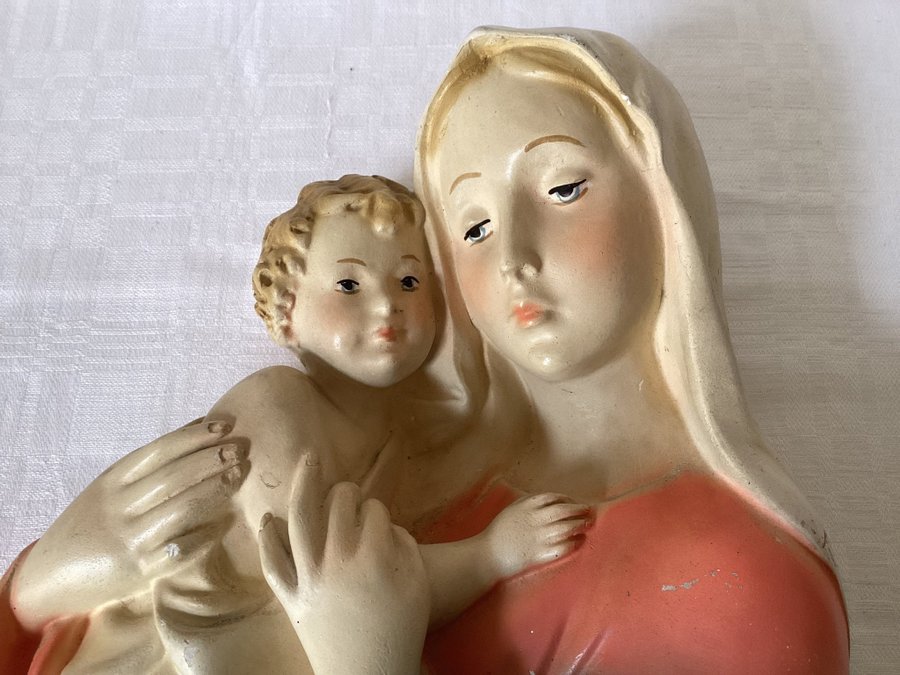 Äldre MADONNA MED BARN VACKER GIPSFIGUR Bibliskt Motiv Religiöst Föremål Gammalt