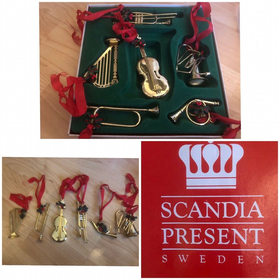 Julpynt - 6 st guldpläterade musikinstrument Scandia Present Sweden vintage jul