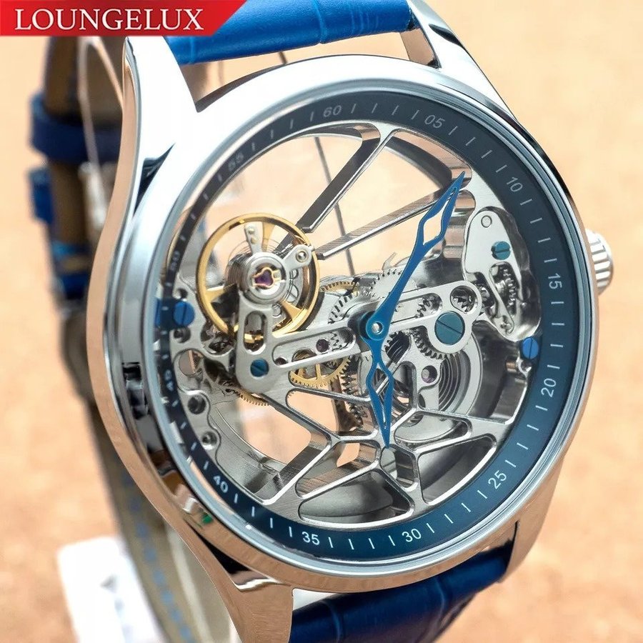 Ailang Skeleton Automatic Mechanical Wrist Watch Men's Luxury Blue Leather Strap