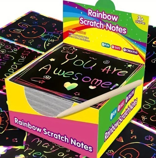 HELT NYA - 100st Rainbow scratch art notes + 2 pennor